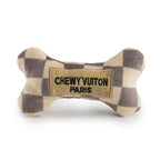 Tan Checker Chewy Vuiton Bones Squeaker Dog Toy: Small / Mini