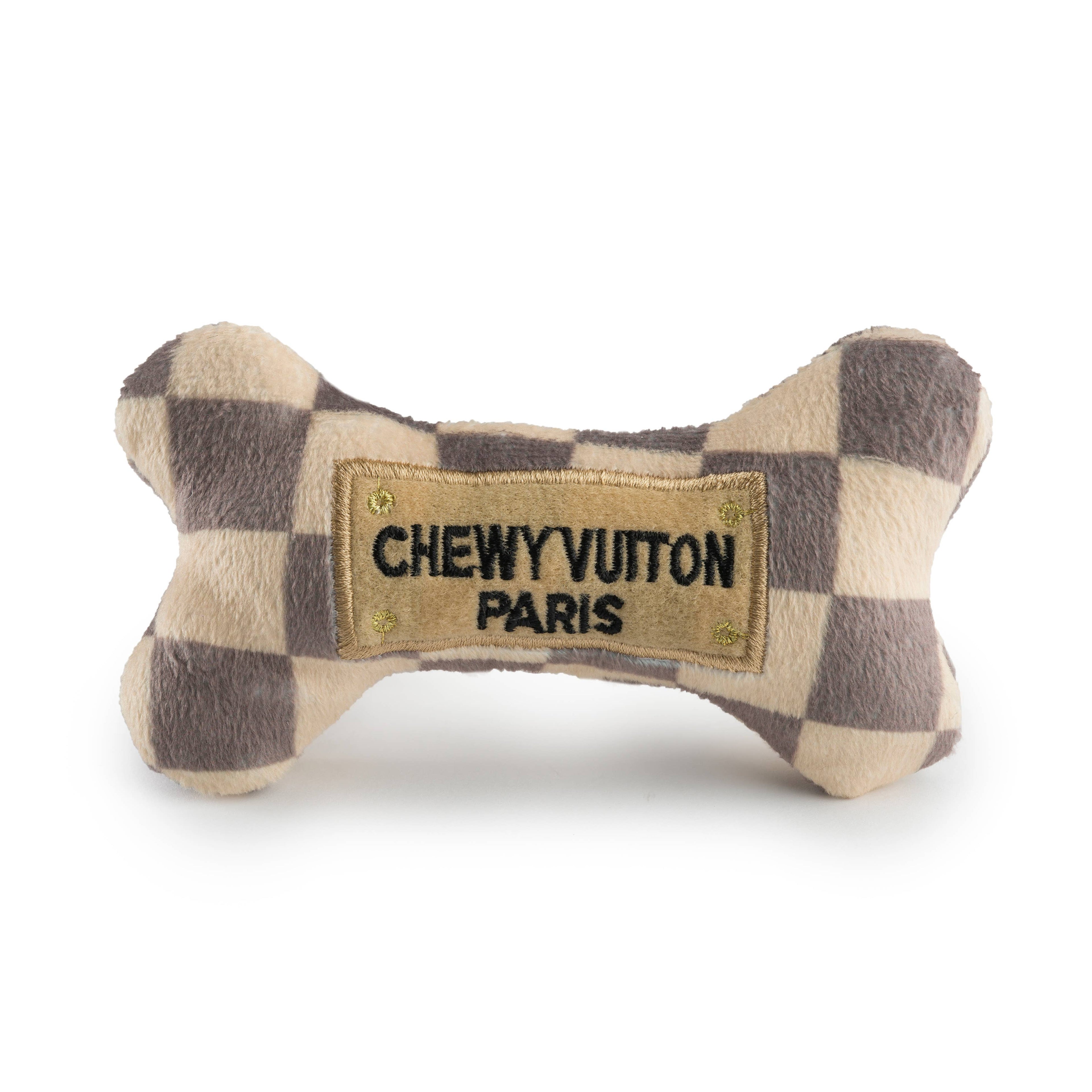 Tan Checker Chewy Vuiton Bones Squeaker Dog Toy: Small / Mini