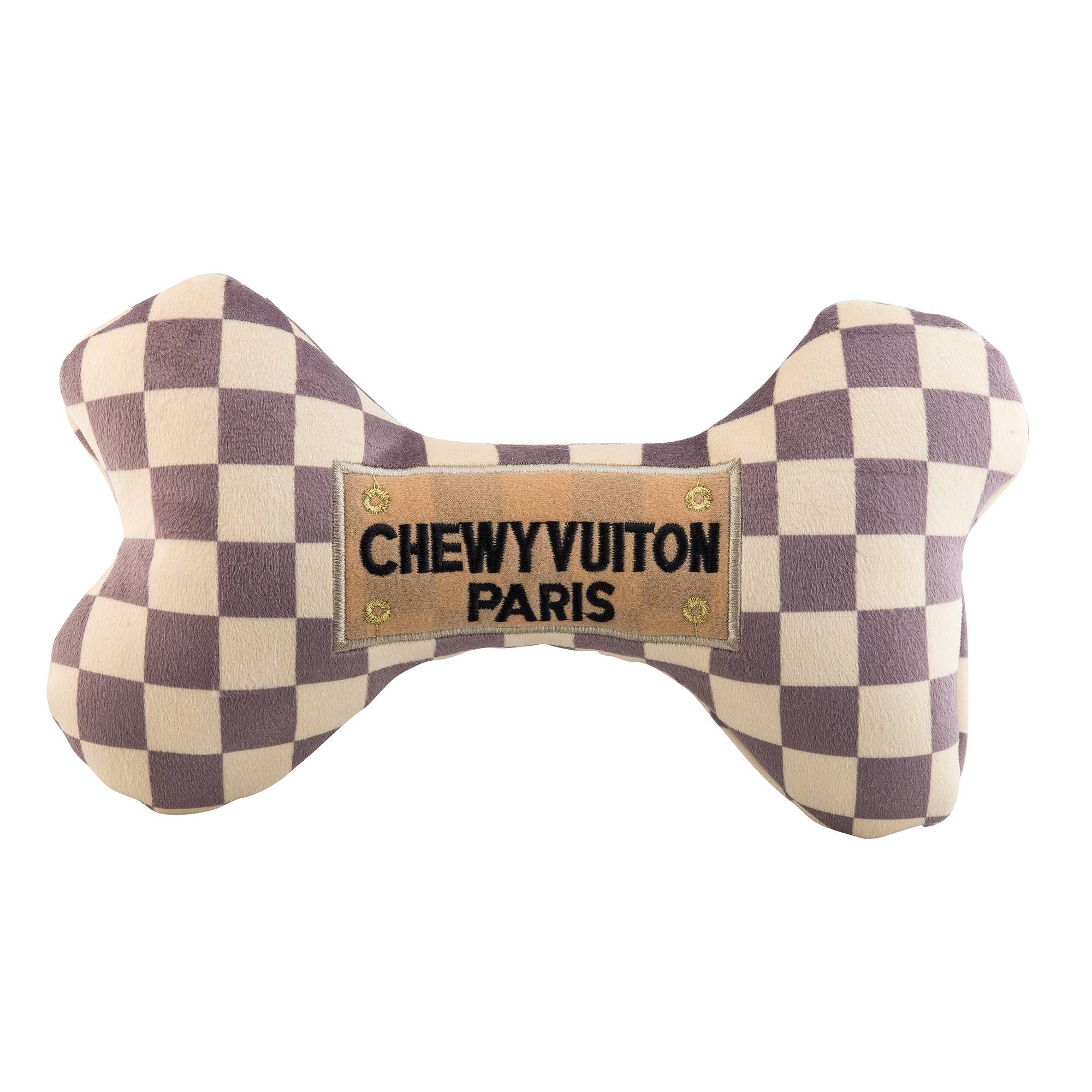 Tan Checker Chewy Vuiton Bones Squeaker Dog Toy: Small / Mini