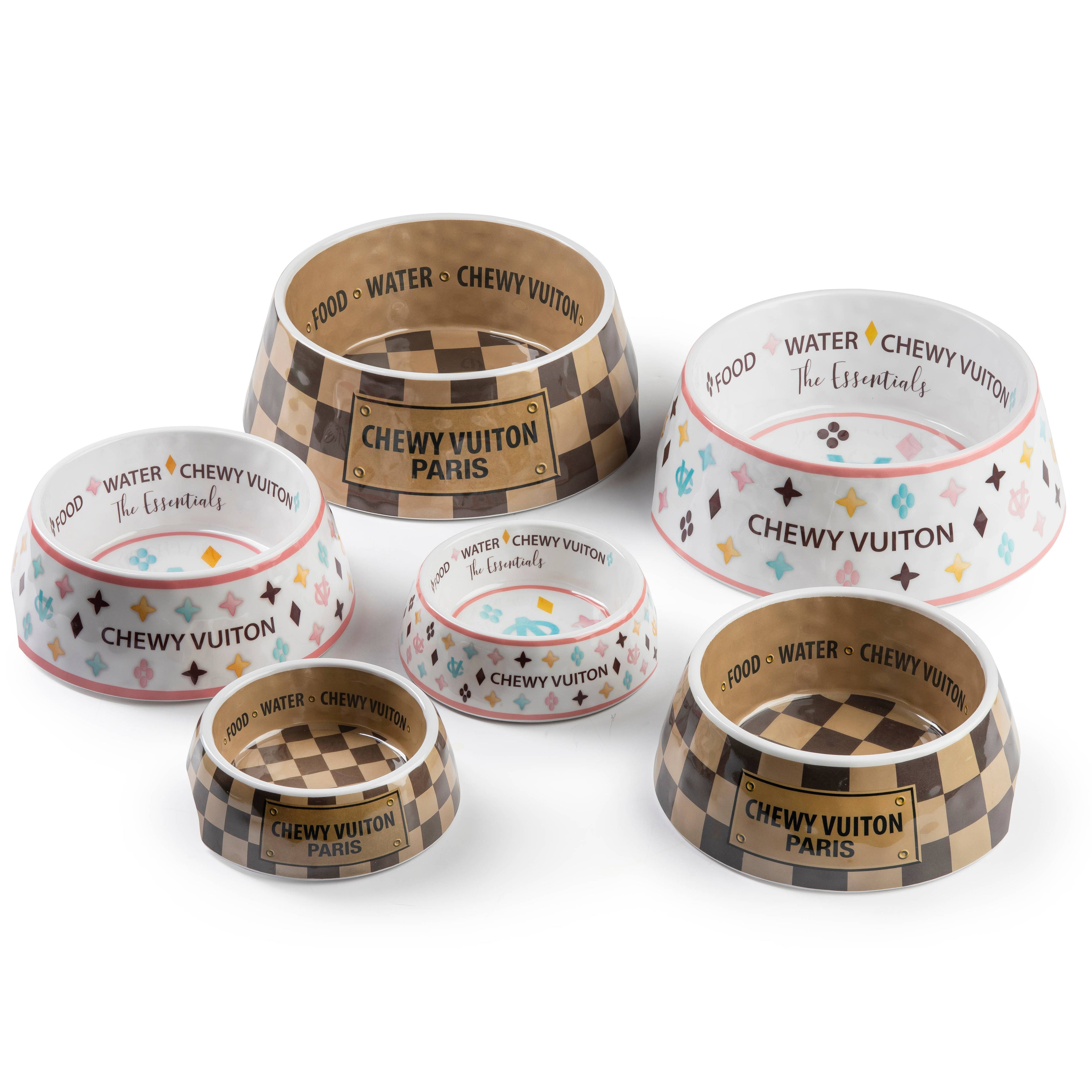 Tan Checker Chewy Vuiton Bowls & Placemat Set Dog Food Bowl: Small