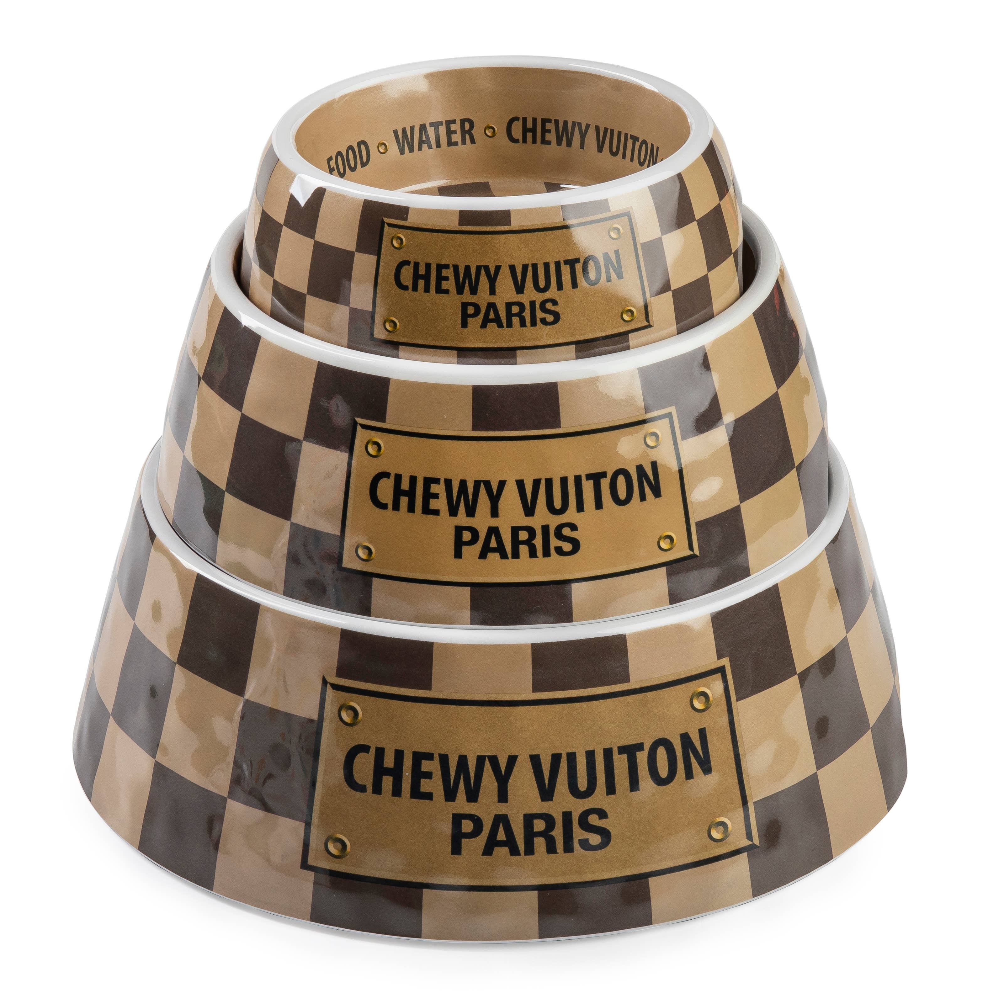 Tan Checker Chewy Vuiton Bowls & Placemat Set Dog Food Bowl: Small