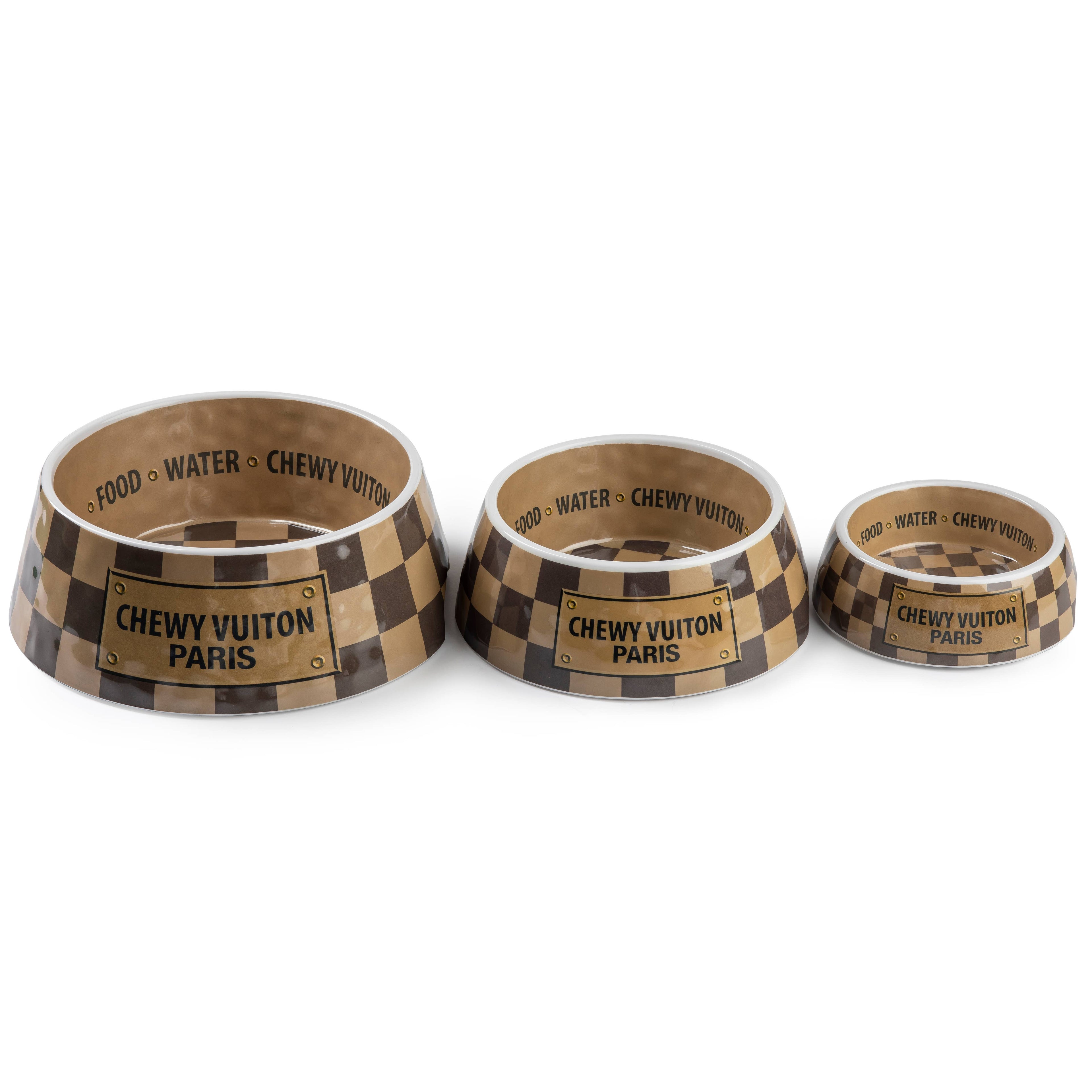 Tan Checker Chewy Vuiton Bowls & Placemat Set Dog Food Bowl: Large