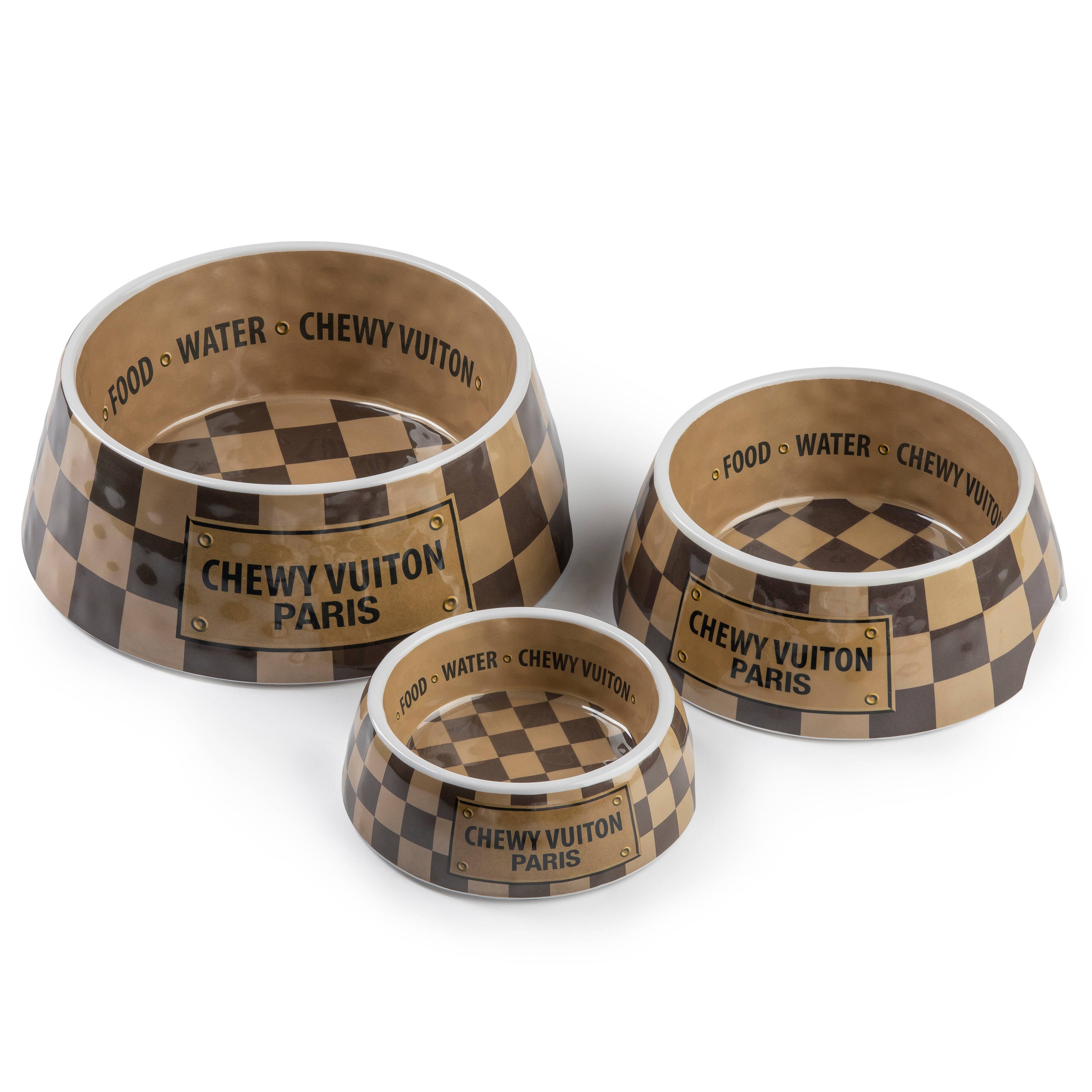 Tan Checker Chewy Vuiton Bowls & Placemat Set Dog Food Bowl: Large